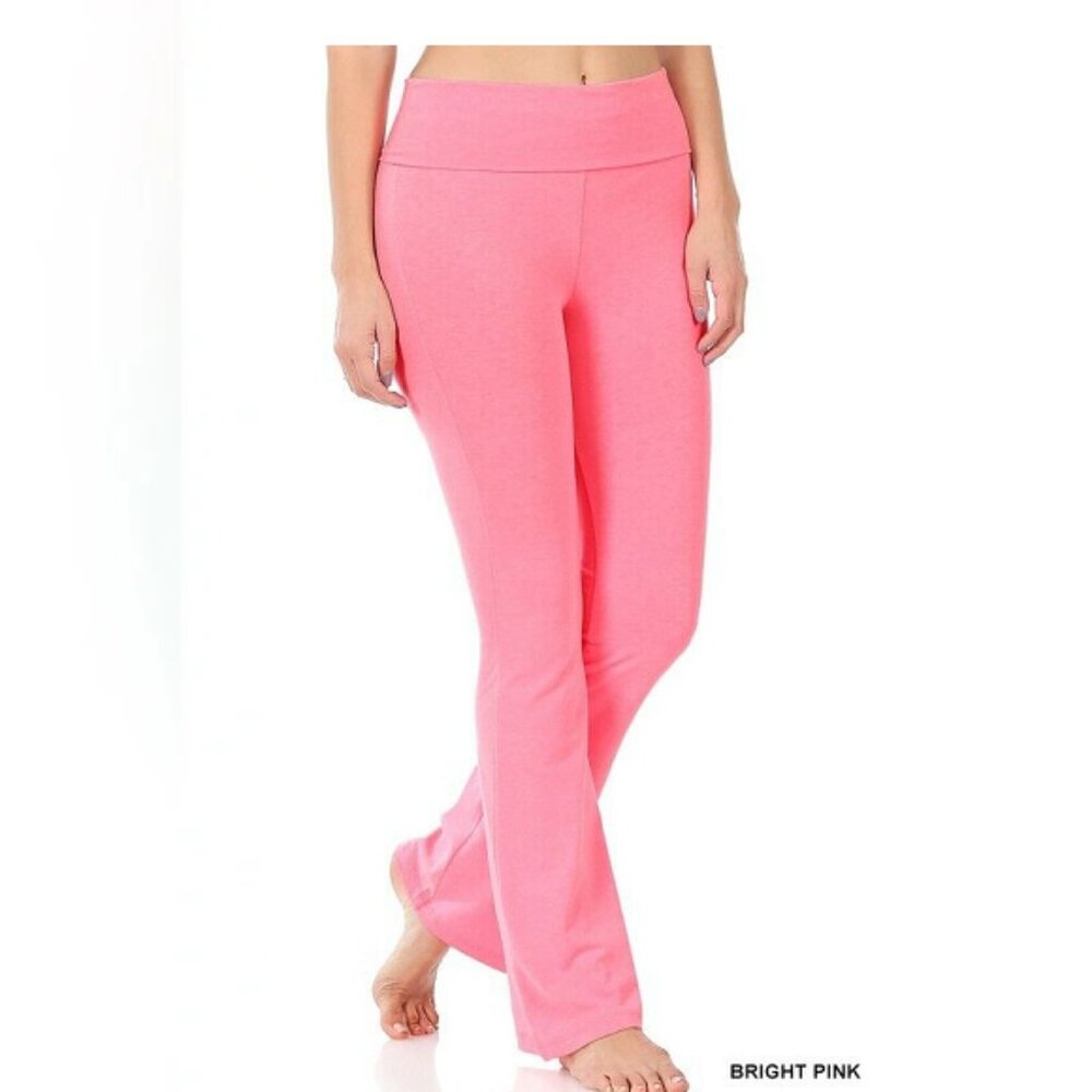 ZENANA PLUS PREMIUM COTTON FOLD OVER YOGA FLARE PANTS BRIGHT PINK S-M-L-…